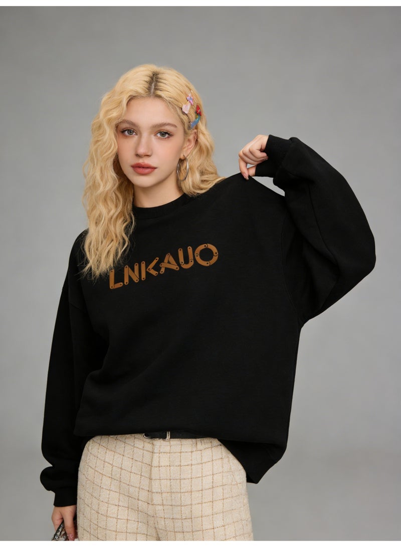 BM INS Black "LNKAUO" Industrial Letter Oversized Crew Neck Sweatshirt | Unisex Pullover With Rivet Detail Print - Image 4